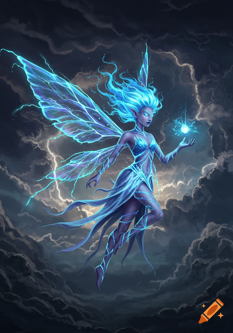 Illustration of a glowing blue fairy flying in a storm with lightning.