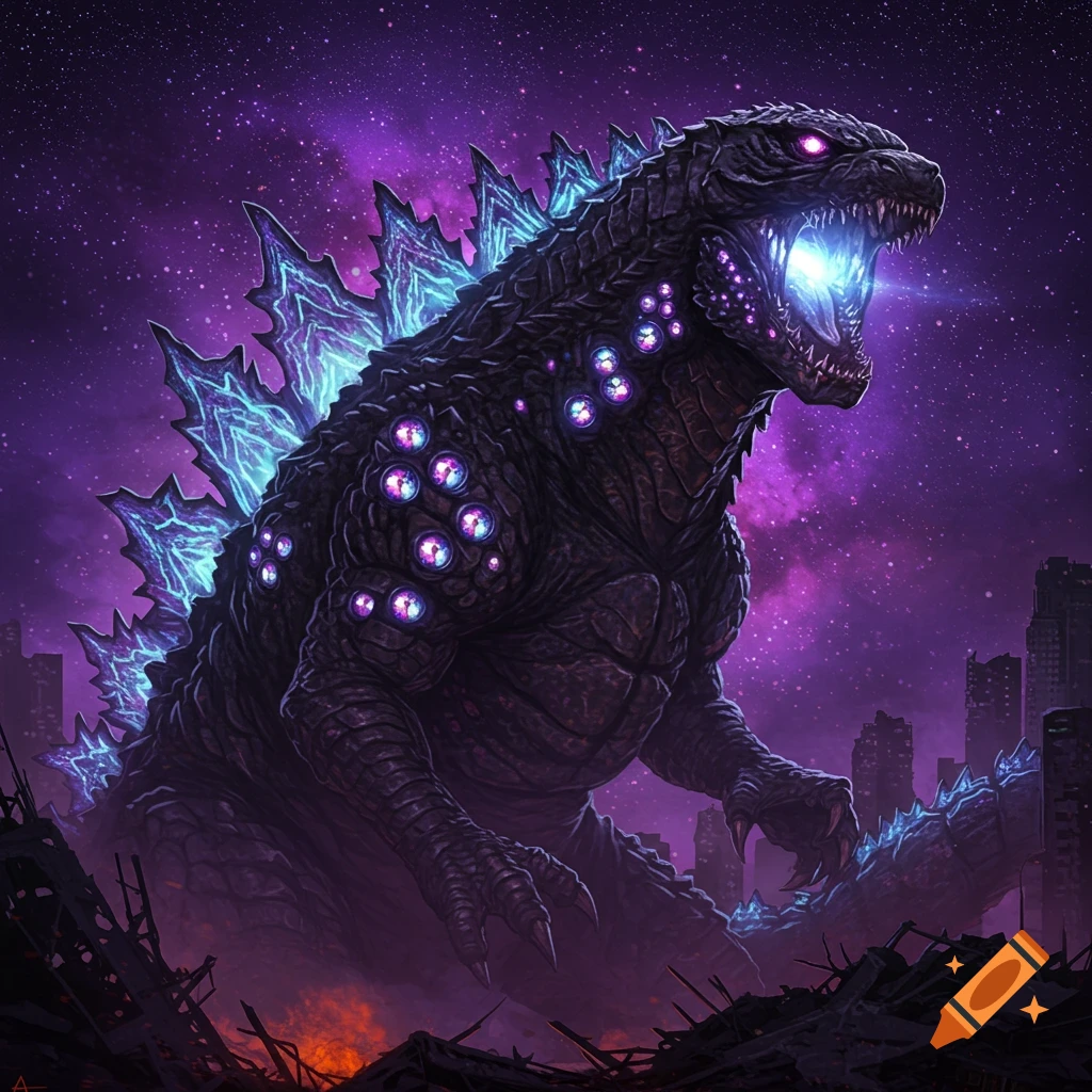 Godzilla with multiple purple eyes roars in a destroyed city under a starry purple sky