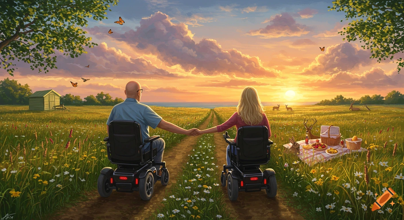 Couple in wheelchairs hold hands on a field path at sunset near a picnic and wildlife.