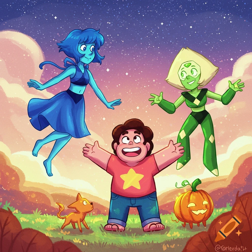 Cartoon characters Steven, Lapis, Peridot, and Pumpkin gathered around a jack-o'-lantern in a field at night.