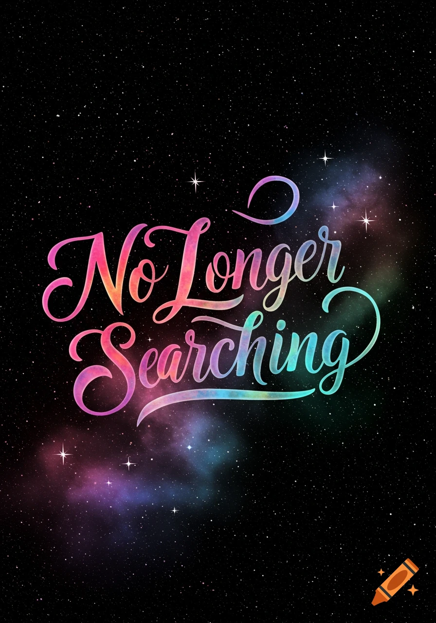 Colorful script lettering spelling out "No Longer Searching" on a starry space background with nebulae.