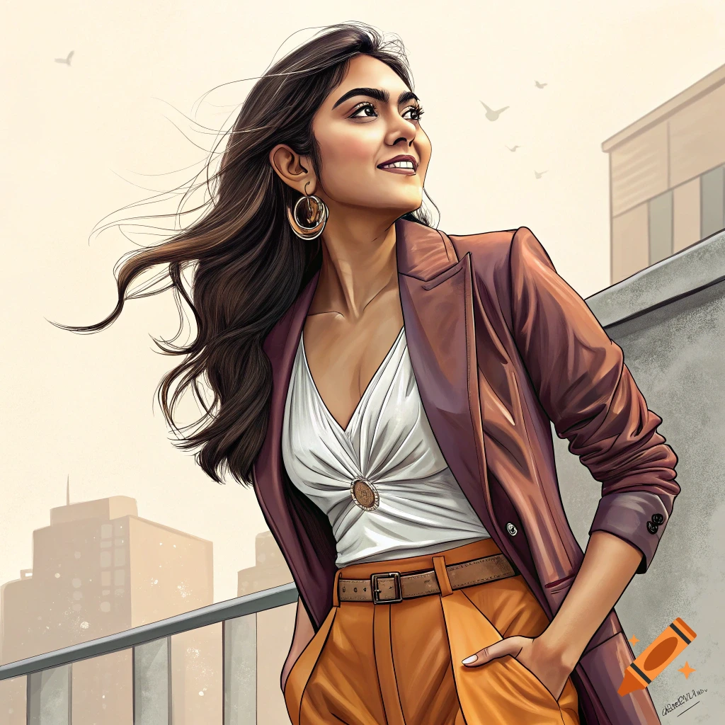 Illustration of a woman in a brown blazer looking up, wind blowing her hair, with a city in the background.