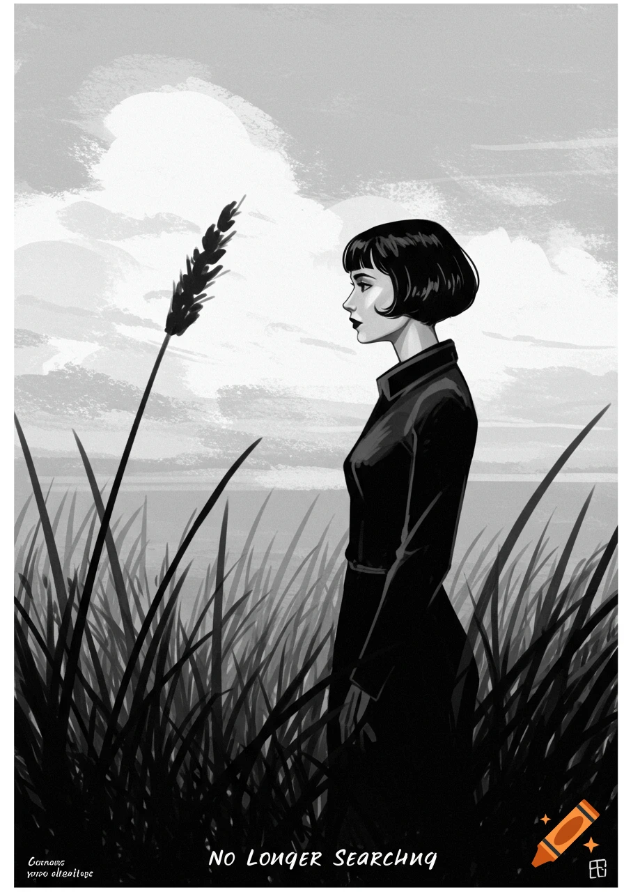 Black and white illustration of a woman standing in tall grass looking away, with the text 'NO LONGER SEARCHING'