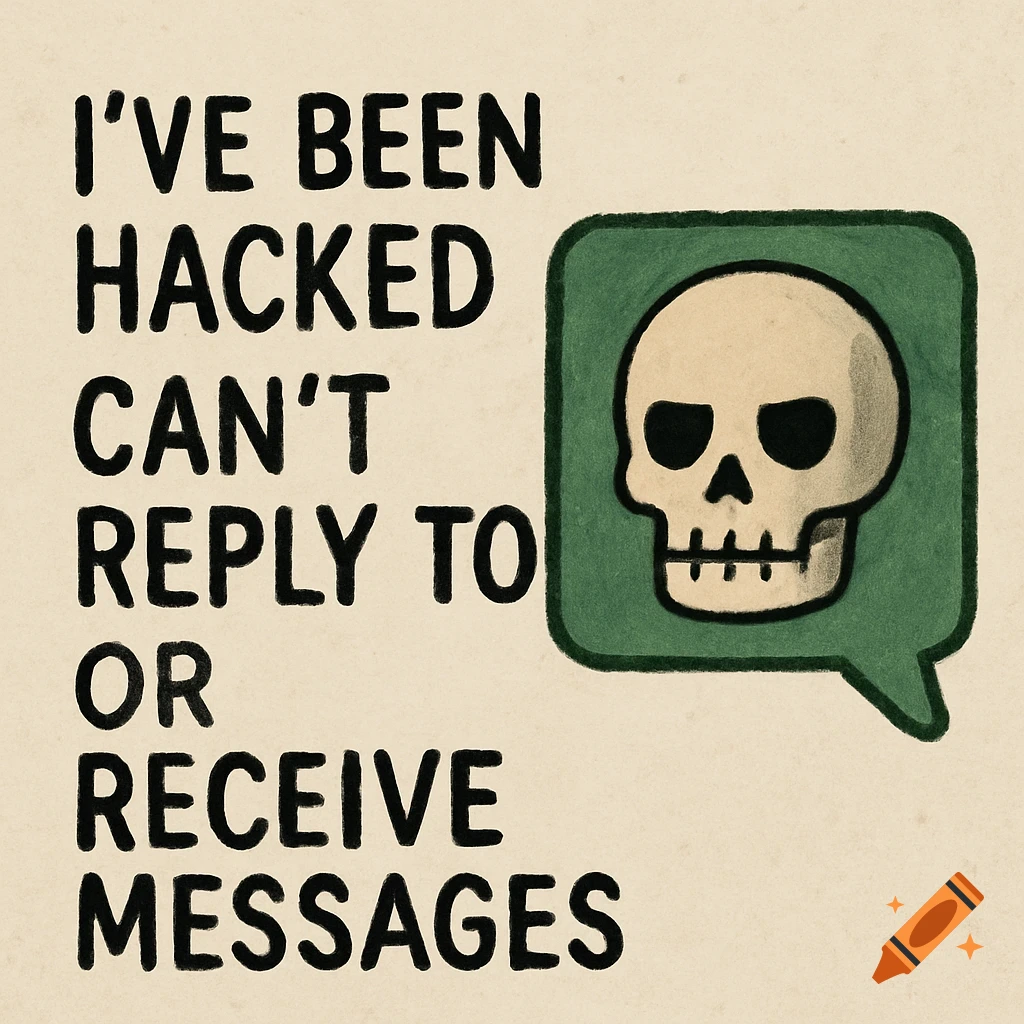 Rough drawing with text I'VE BEEN HACKED CAN'T REPLY TO OR RECEIVE MESSAGES and a skull in a green speech bubble.