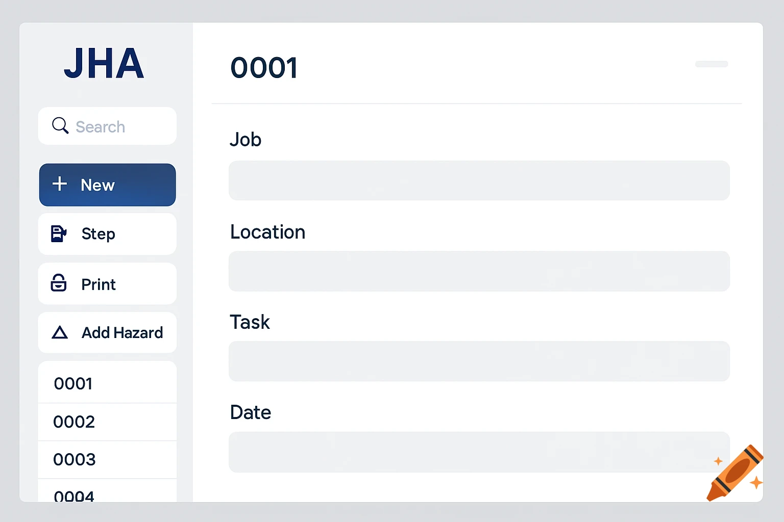 A user interface design for a job hazard analysis application with a sidebar menu and form fields.