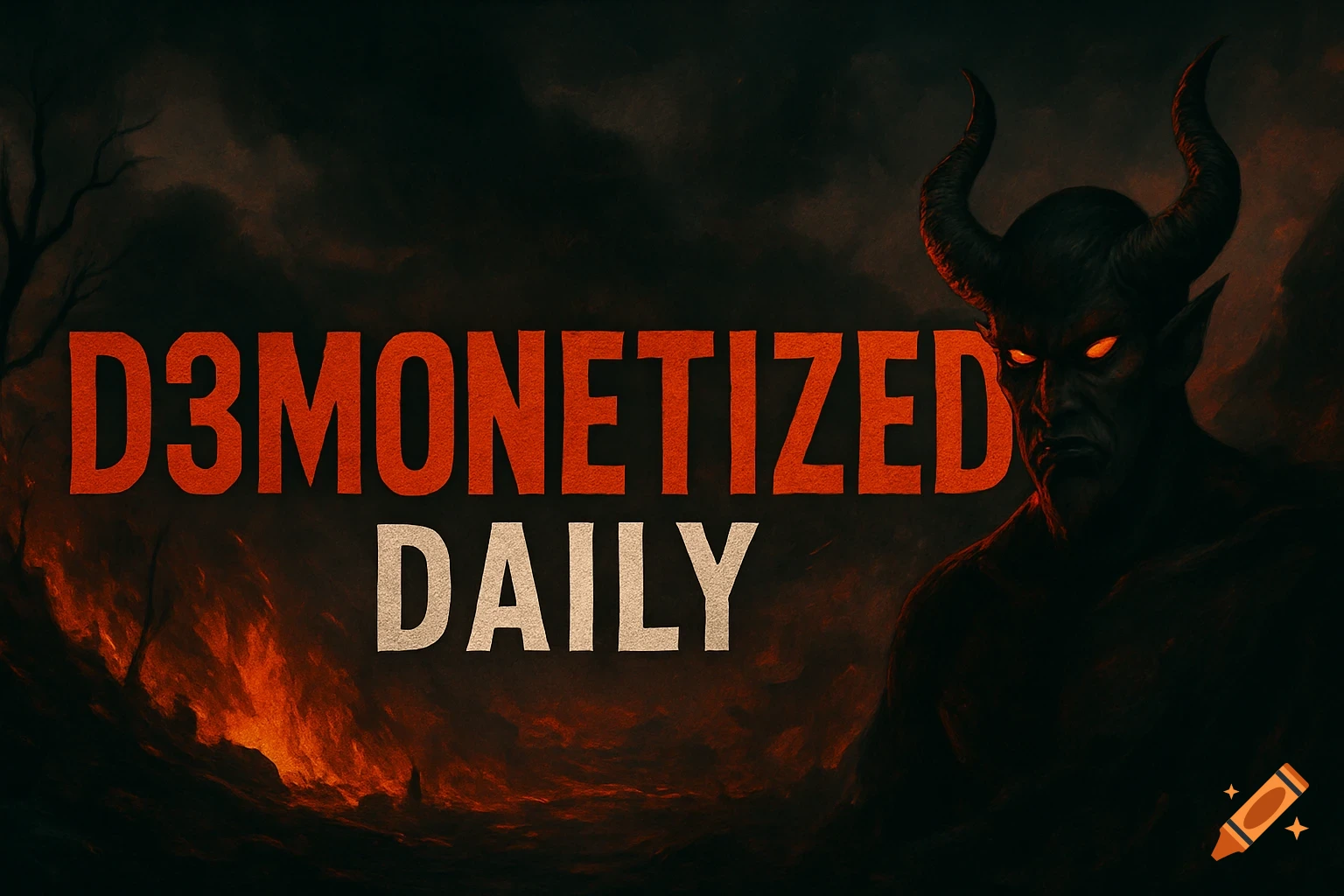 A dark fantasy image of a demon with glowing eyes and the text 'D3MONETIZED DAILY'.