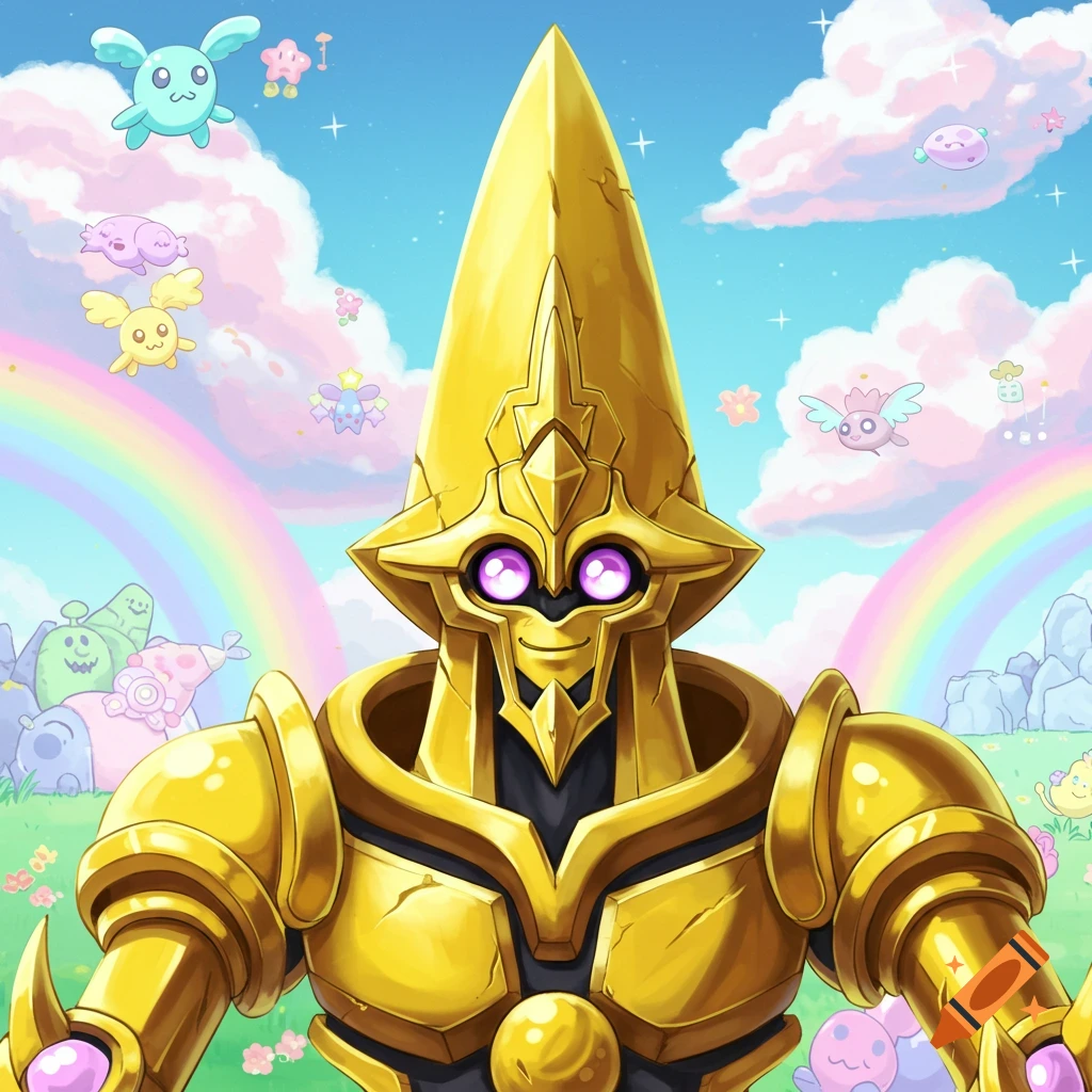 A cheerful golden robot character in a fantasy land with rainbows and cute creatures