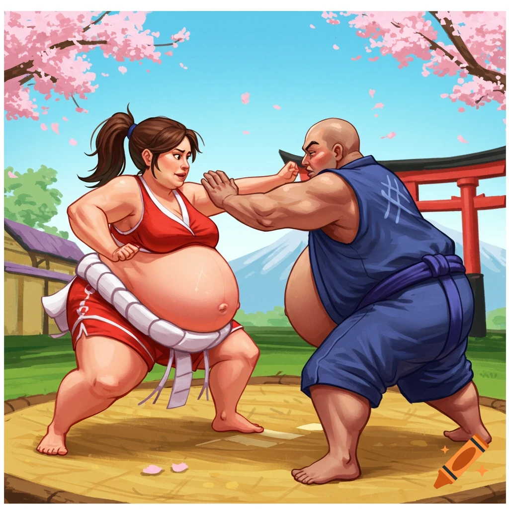 Cartoon illustration of two pregnant people sumo wrestling in a Japanese setting under cherry blossoms.
