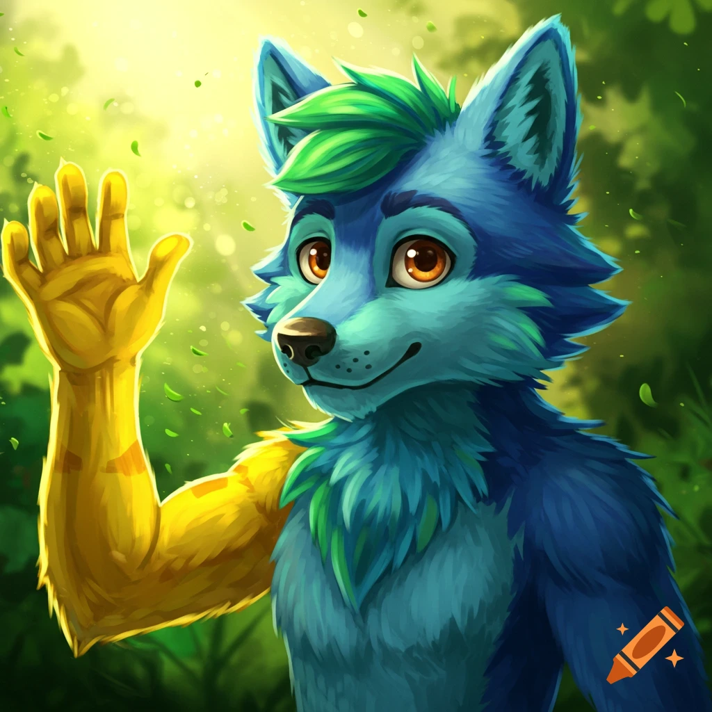 A blue and green furry wolf with a yellow arm waves in a sunny forest background.