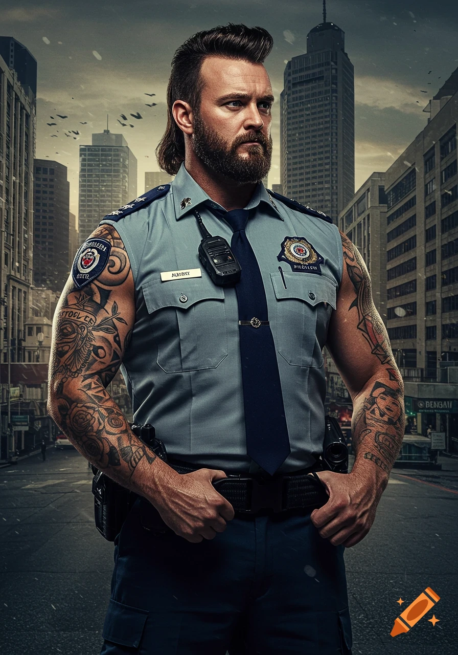 A man with a mullet and tattoos wearing a police uniform stands in a city street.