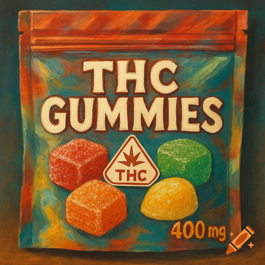 A bag of THC gummies with red, orange, and green candies and a THC logo, still life.