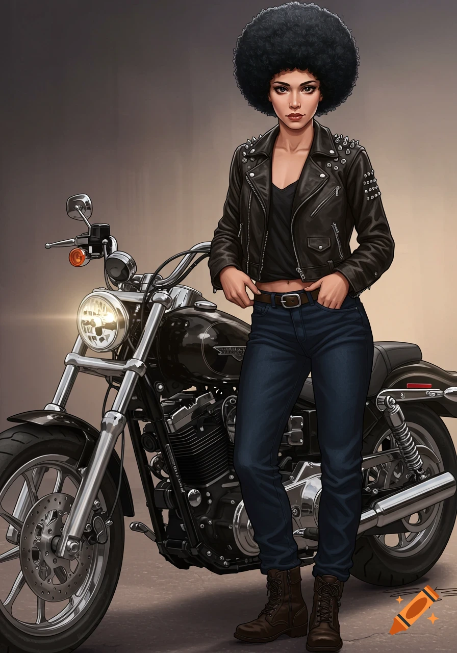 Illustration of a woman in a biker jacket and jeans standing next to a motorcycle.