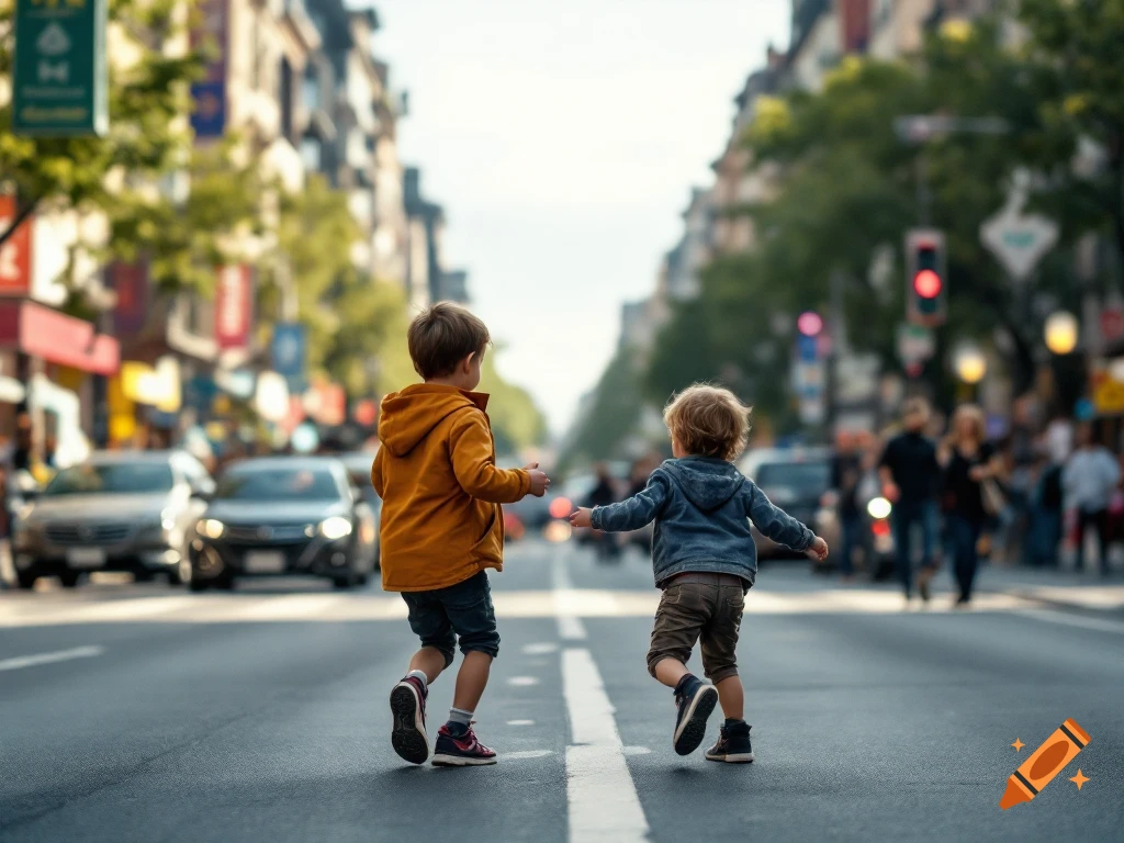 Two young children run down the middle of a busy city street.