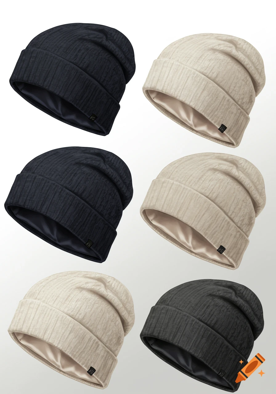Six lightweight beanies (three dark navy, three off-white/light grey) with ribbed texture and silky linings