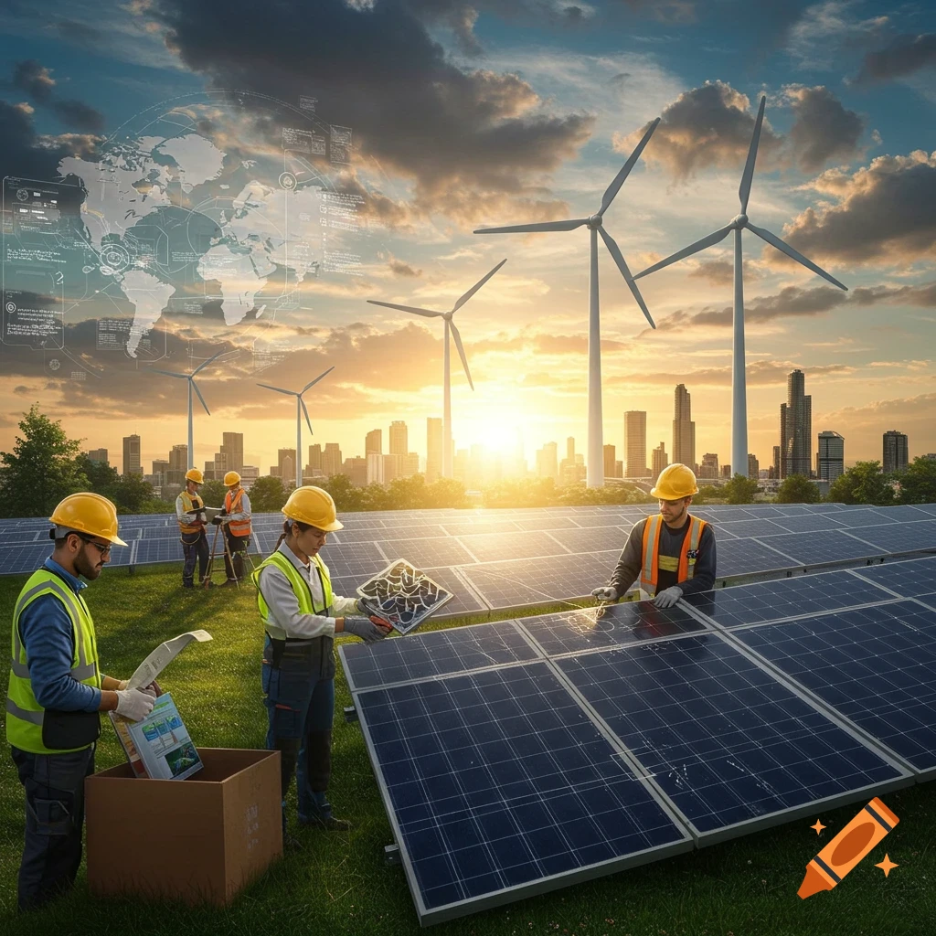 Workers install solar panels with wind turbines and cityscape in background, sunset, digital map overlay.