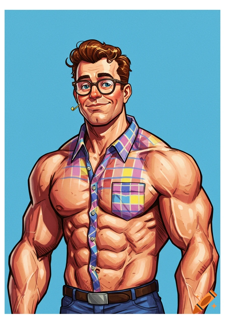 Illustration of a muscular man wearing glasses and a plaid shirt over his bare chest.