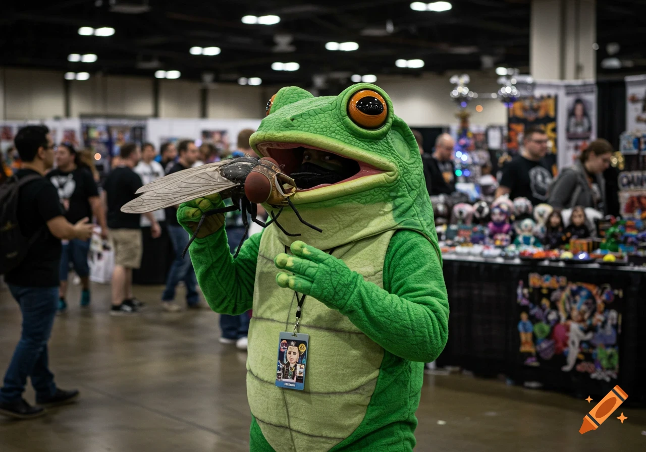 Person in a green frog costume holding a large fake fly in its mouth at a convention.