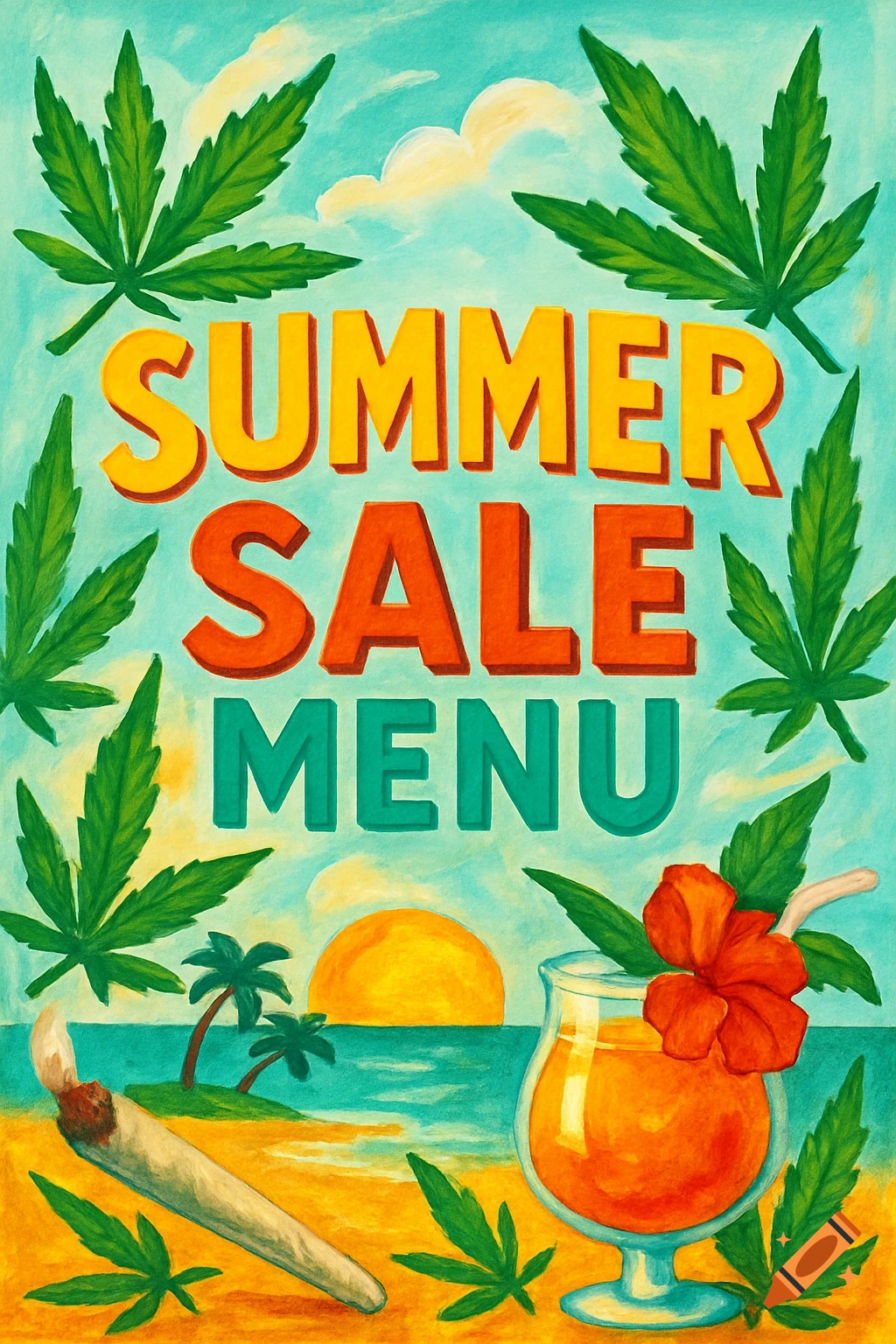 Illustration of a summer sale menu poster with marijuana leaves, a lit joint, a cocktail, and a beach scene.
