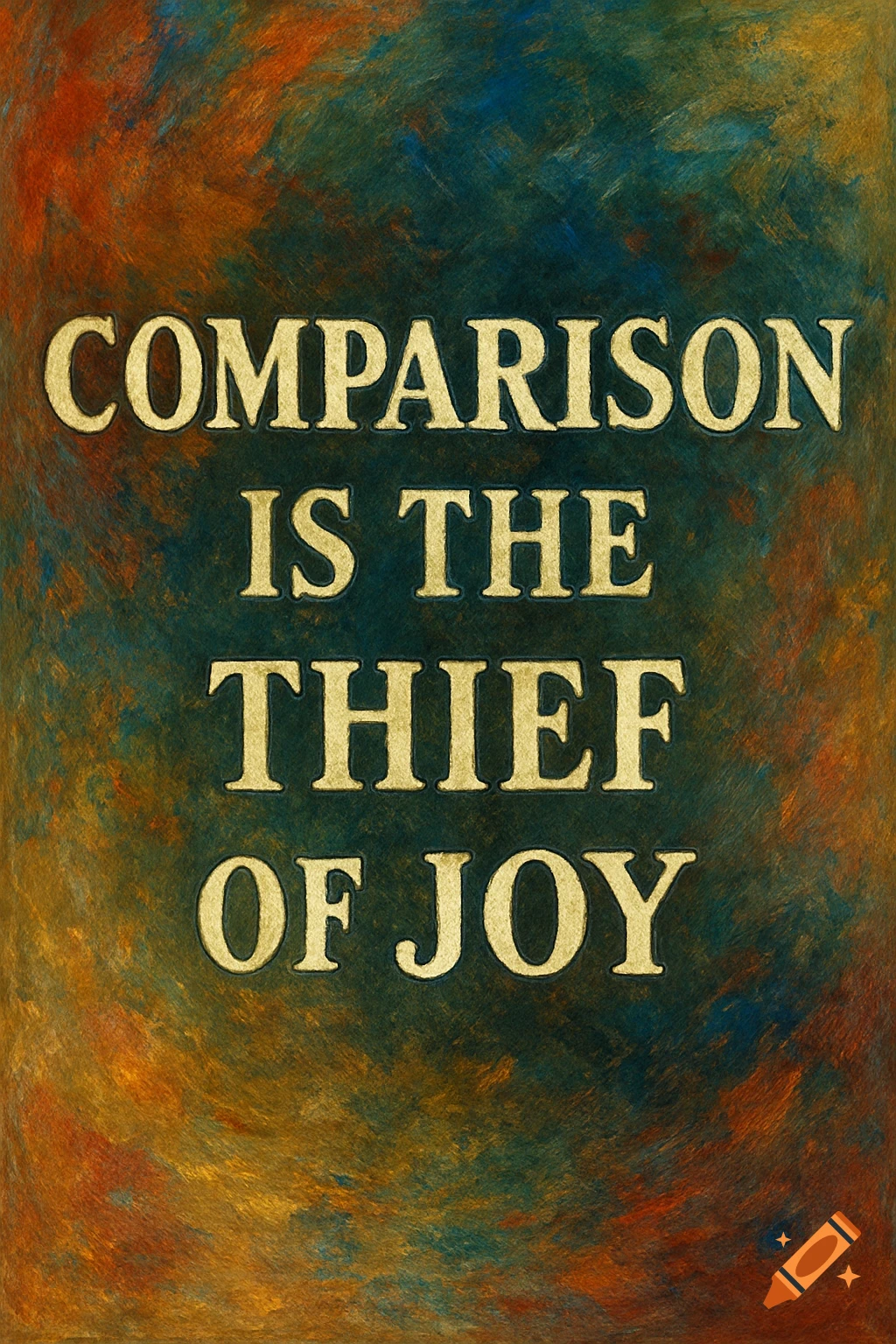 Text "COMPARISON IS THE THIEF OF JOY" in gold on a textured abstract background.
