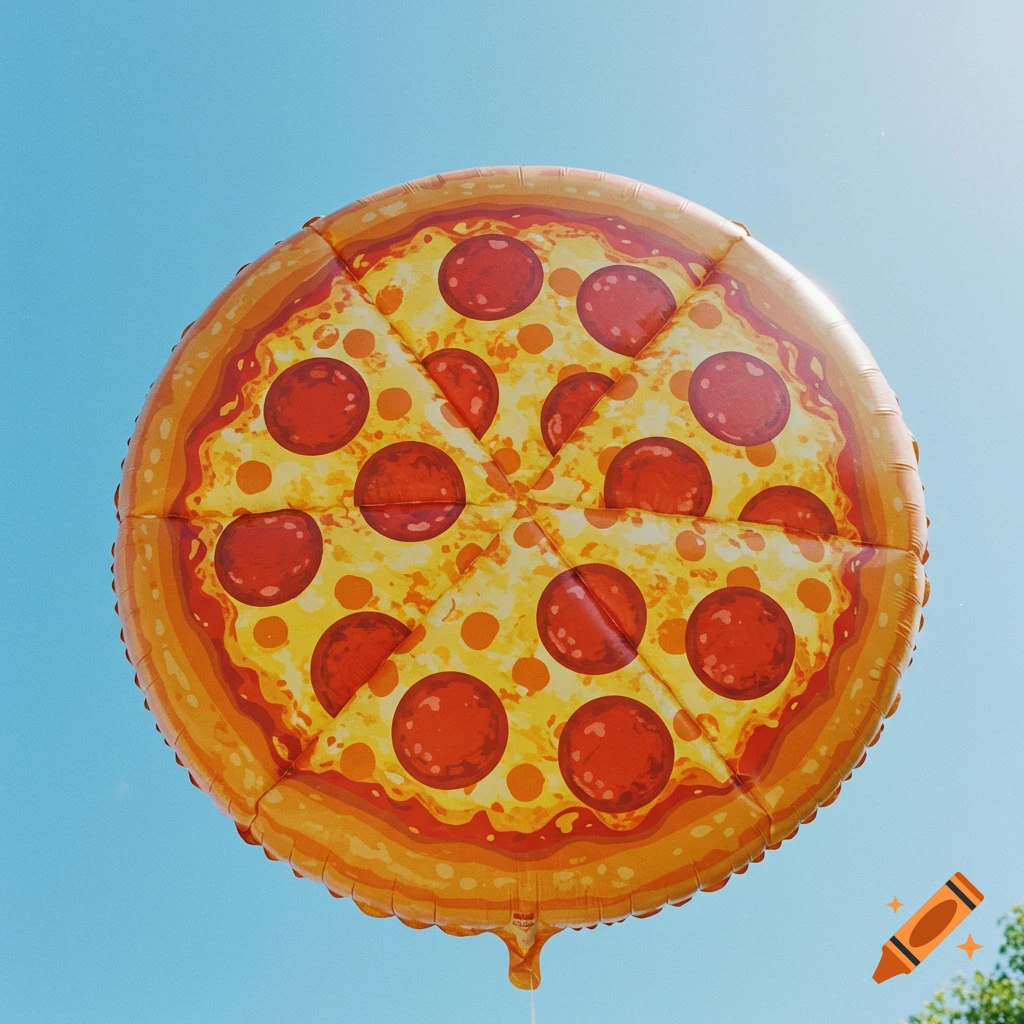 Foil pizza balloon floating against a blue sky