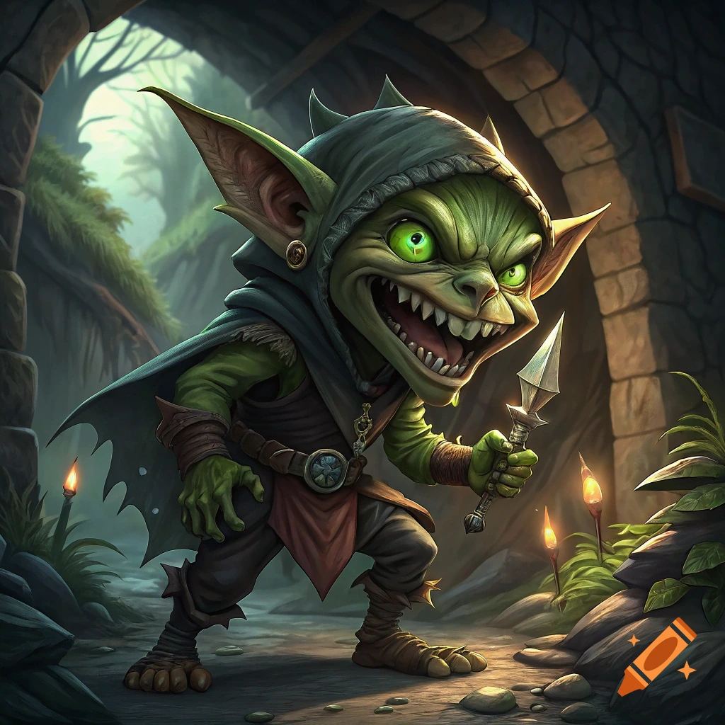 A stylized, green-skinned goblin with sharp teeth grins while holding a knife in a dungeon.