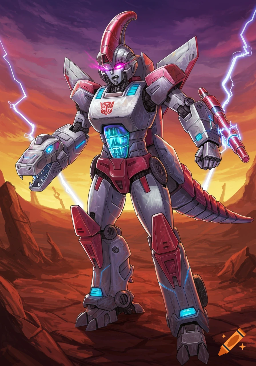 An anime-style robot resembling a transformer with parasaurolophus features, holding a dinosaur head arm and tail, stands in a desert with lightning.