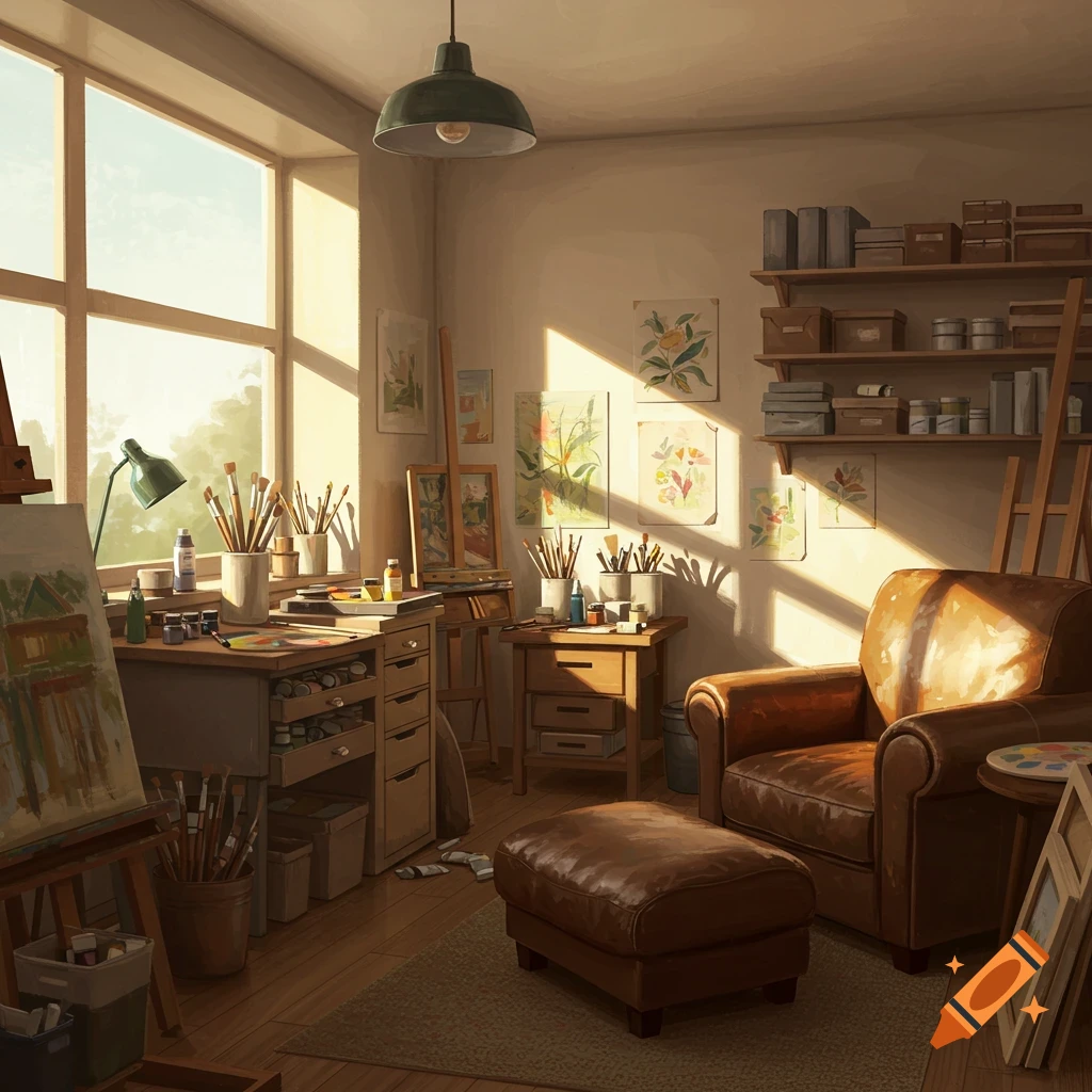 A sunlit art studio interior with easels, paints, brushes, and a comfortable leather chair.