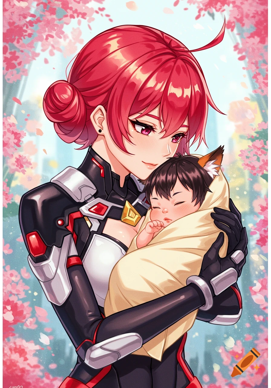 Anime style drawing of a woman with red hair holding a baby with small ears, surrounded by cherry blossoms.