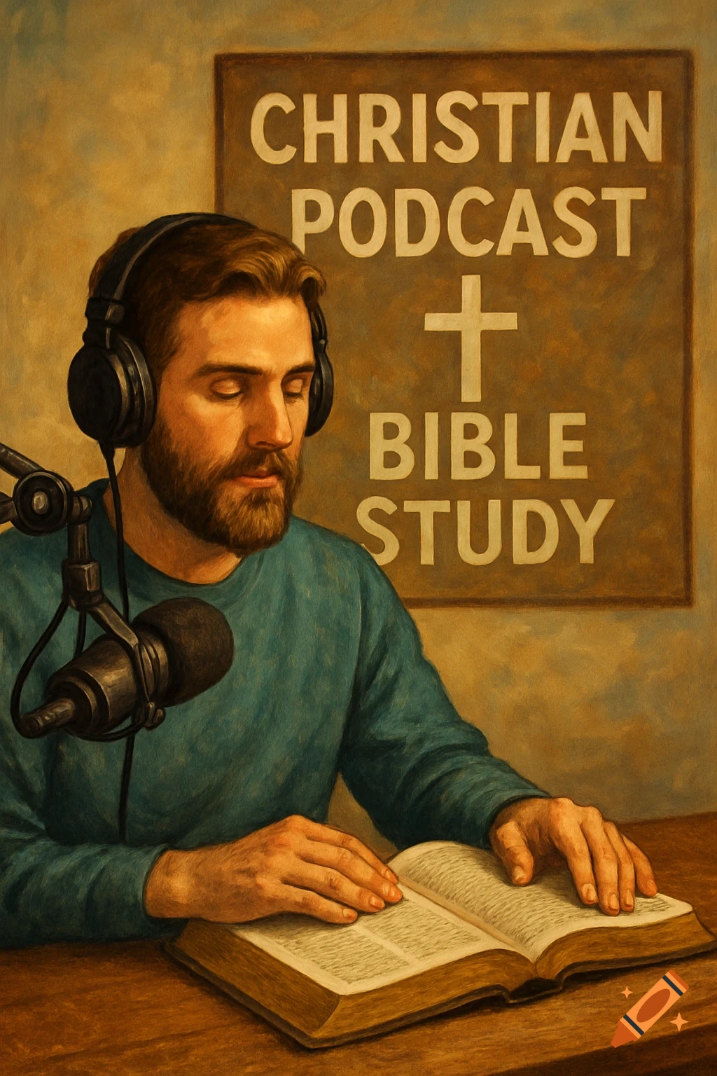 Man with headphones and mic reads Bible for Christian podcast/bible study under sign.