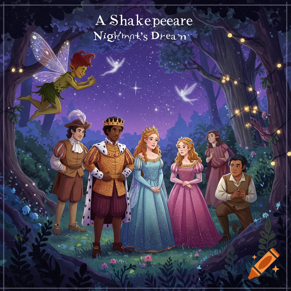 Illustrative scene of Shakespeare's A Midsummer Night's Dream with a fairy, royals, and commoners in a magical forest at night.
