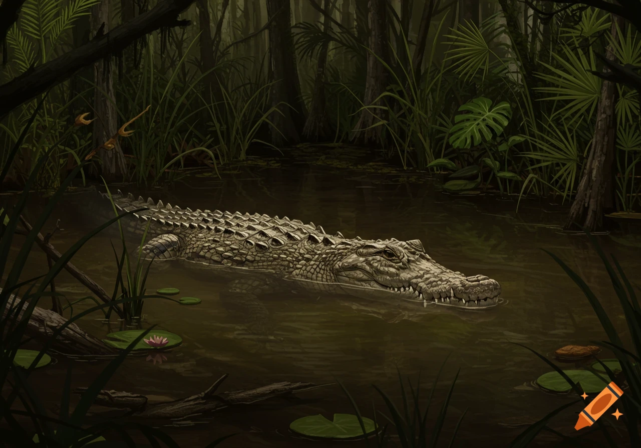 An illustration of a crocodile partially submerged in a dark swamp.