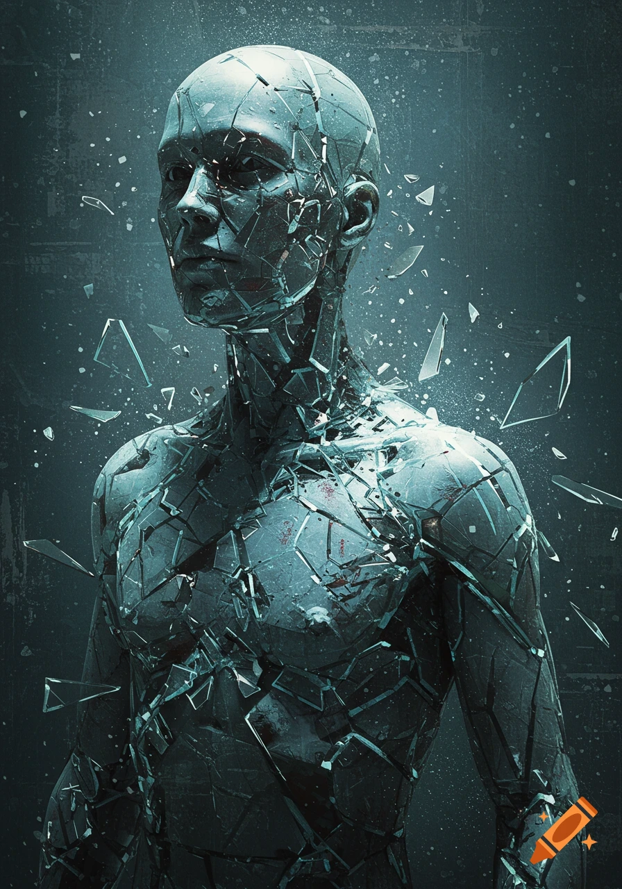 Digital art render of a human figure made of shattering glass