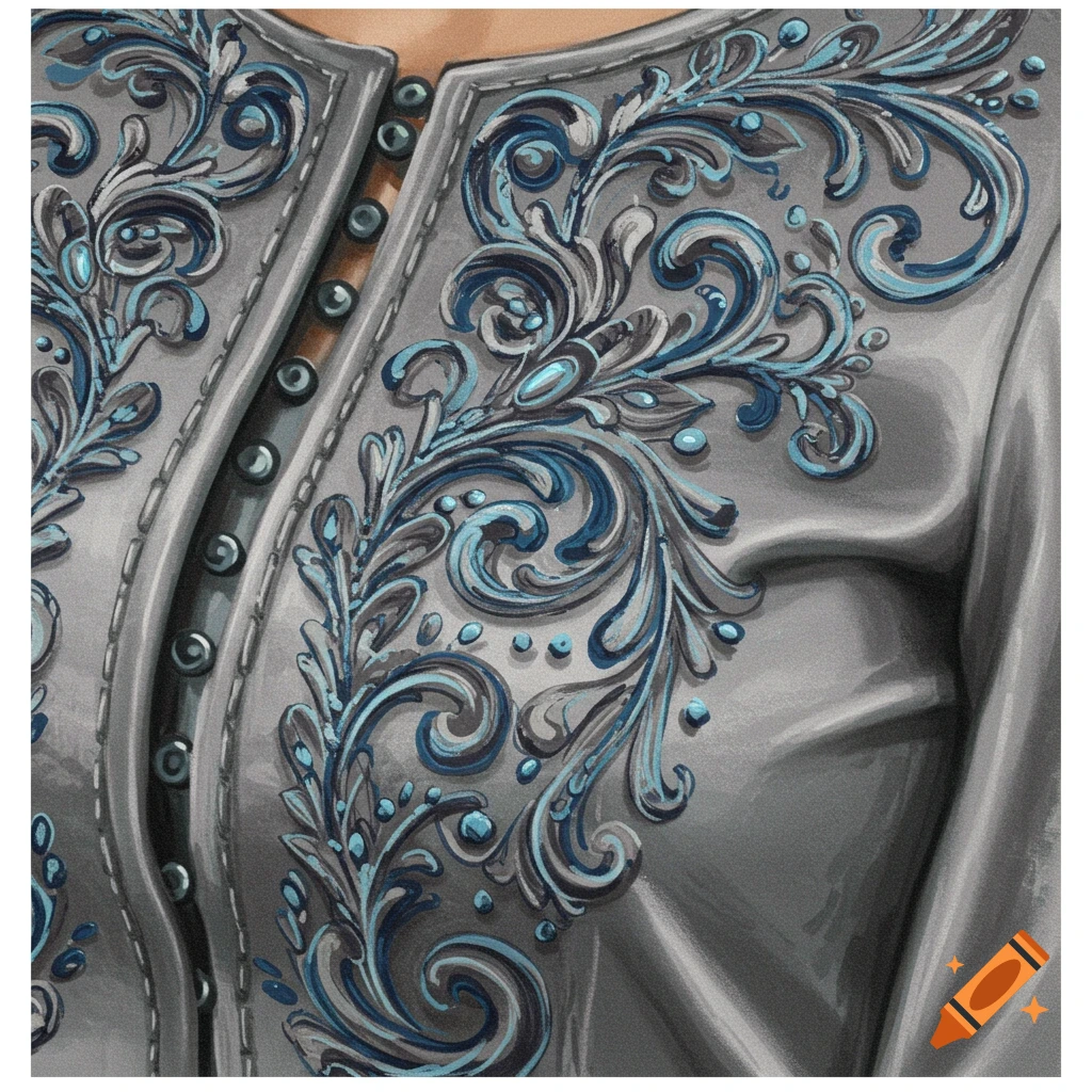 Close-up of elaborate grey and blue embroidery on a garment.