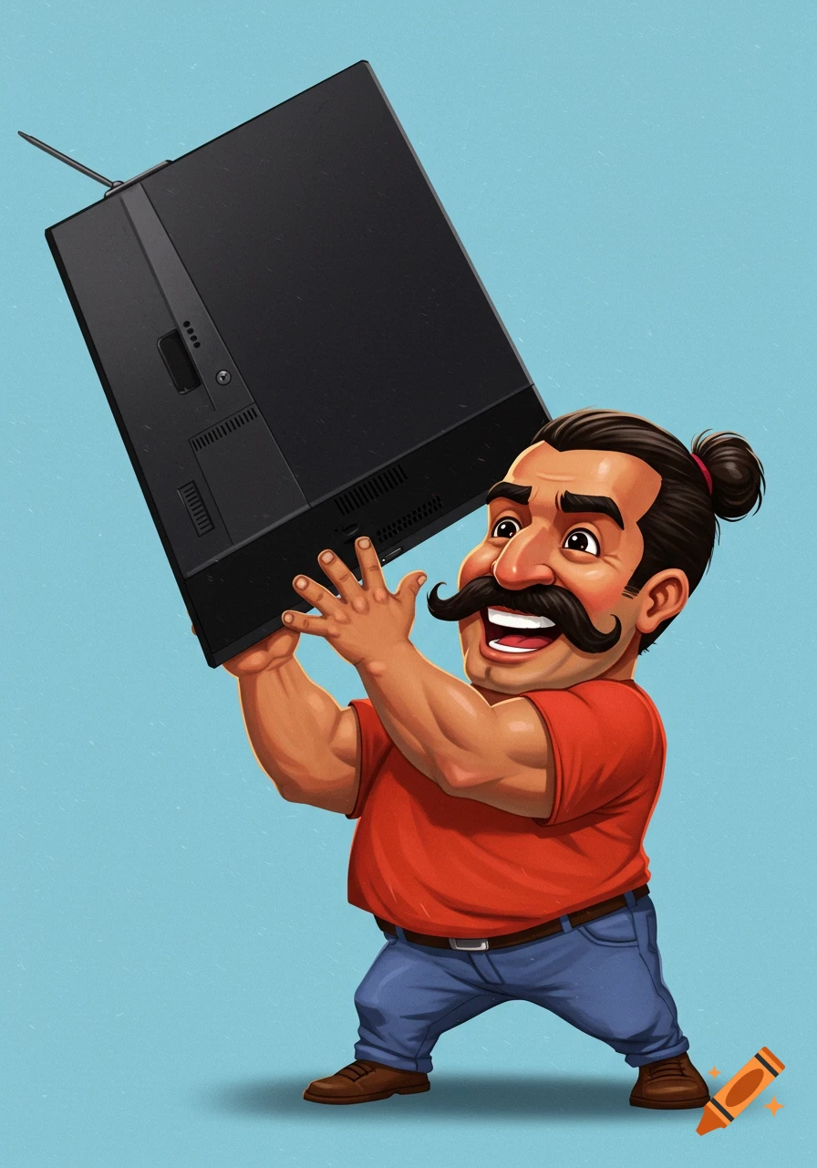 Cartoon man with mustache and man bun lifting a black television.