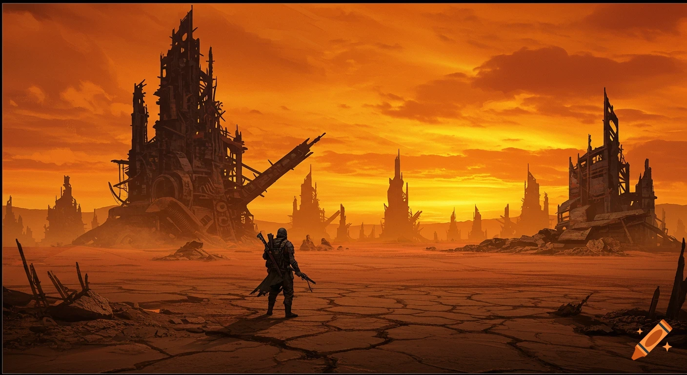 A lone figure stands in a vast, cracked wasteland facing dark, ruined structures under an orange, cloudy sky. Illustration style.