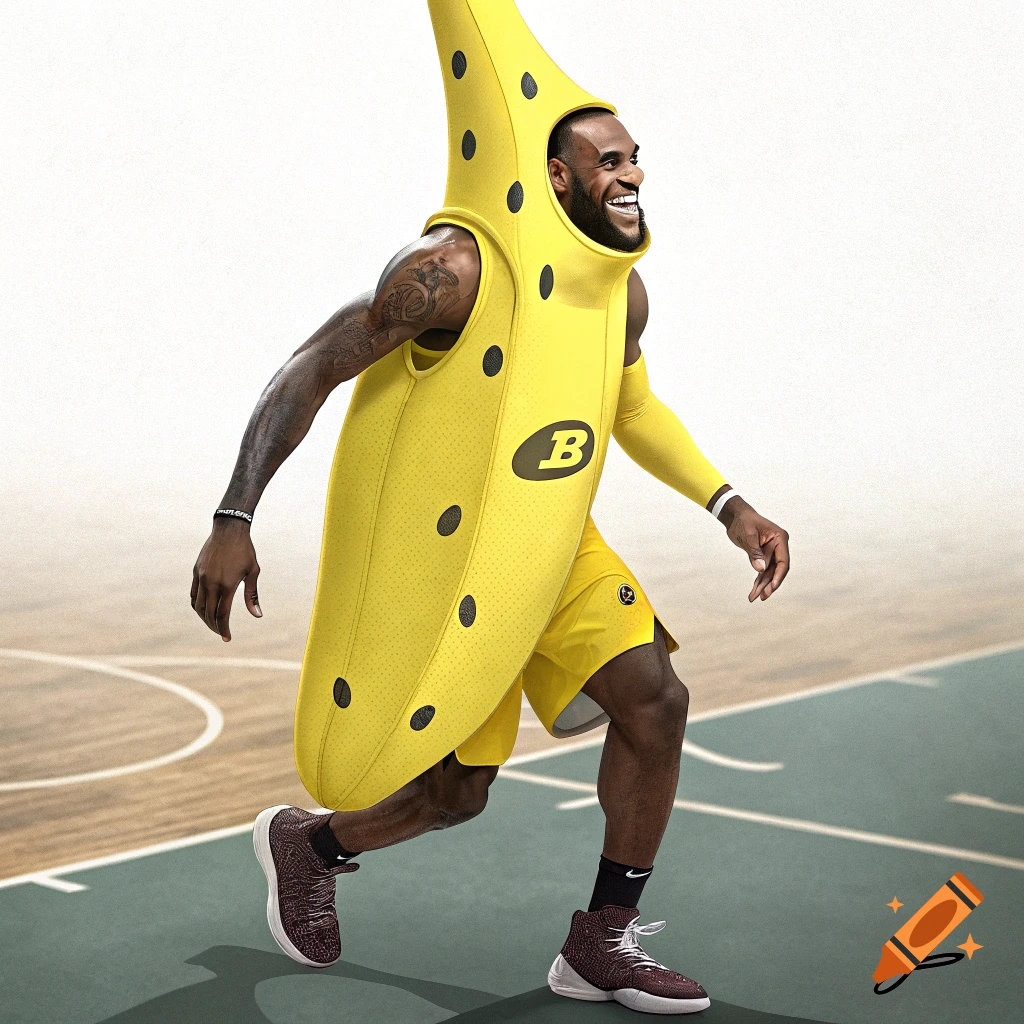 LeBron James in a banana costume playing basketball on a court.