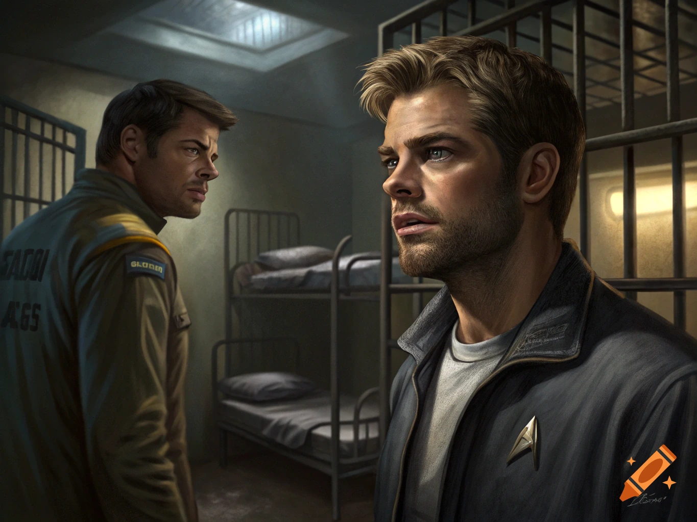Two men in a prison cell, one in a uniform, one in a jacket. Digital painting.