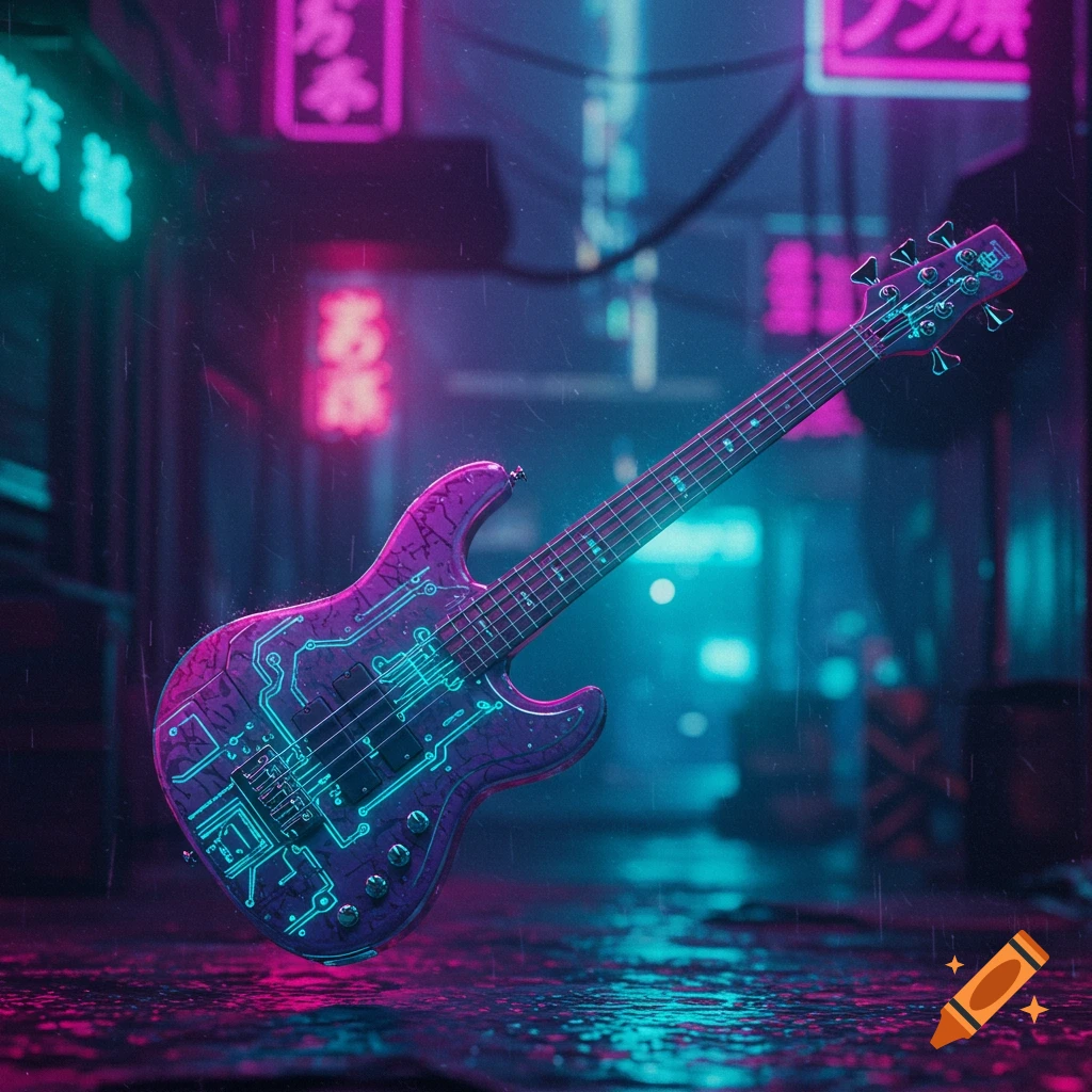 A purple bass guitar with teal circuit patterns floats in a rainy cyberpunk alley surrounded by glowing neon signs.
