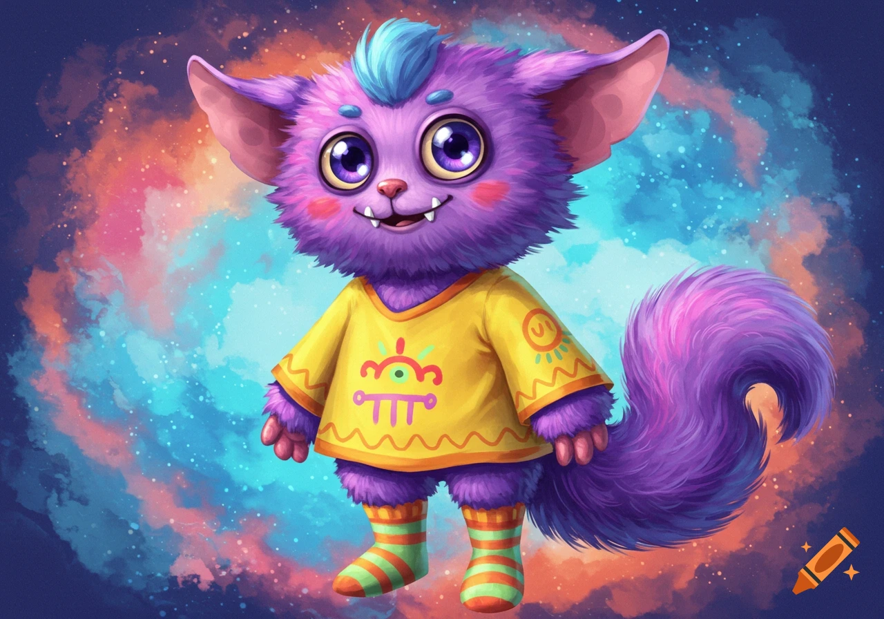 A purple furry creature with big eyes and blue hair wears a yellow shirt and striped socks against a colorful space background.