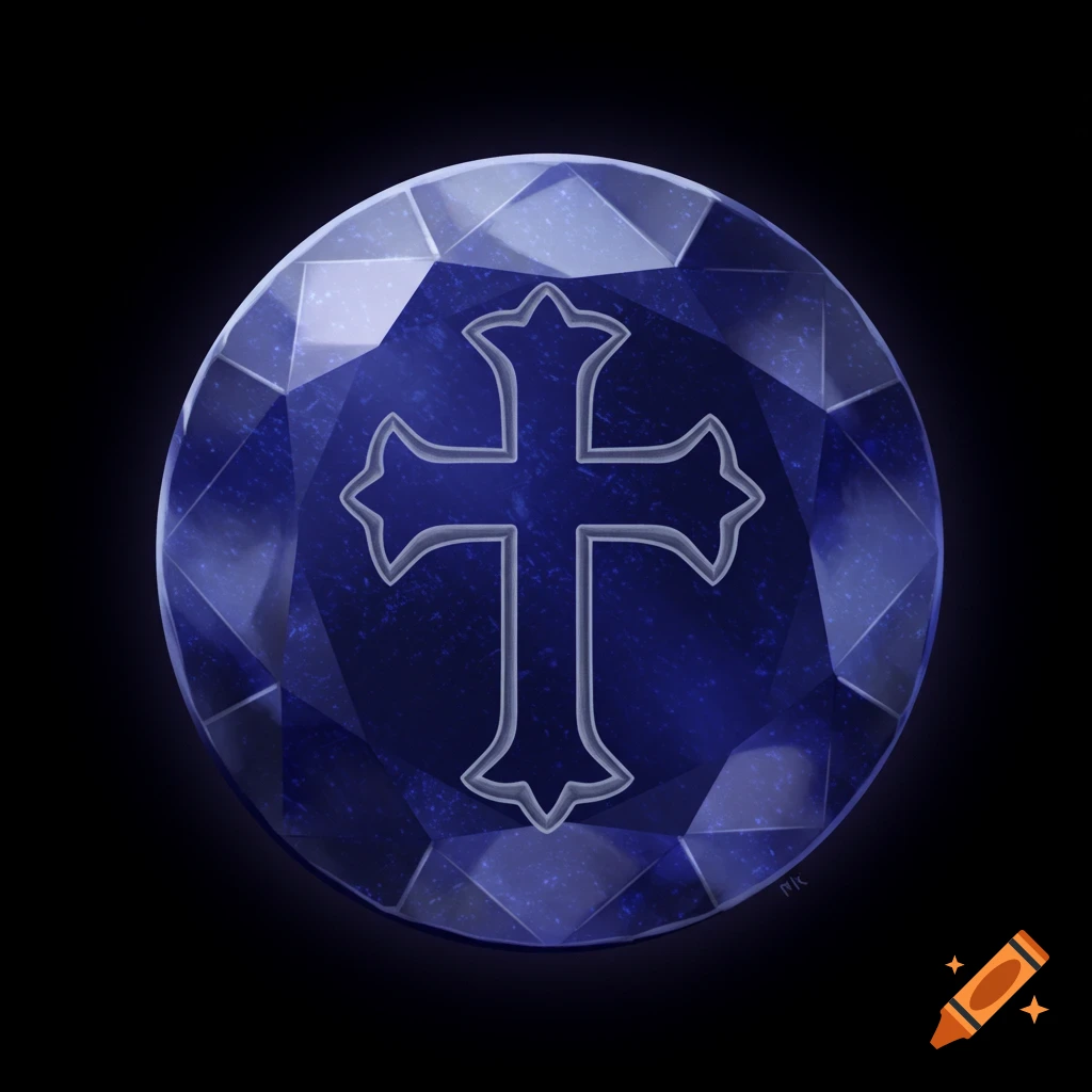 A faceted dark blue sapphire gem with a cross engraved into its surface.
