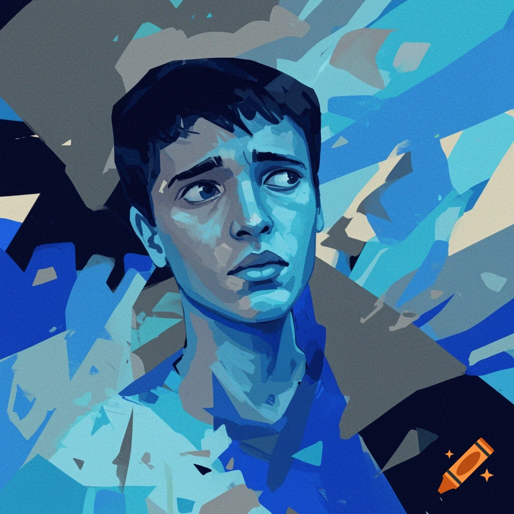 Stylized portrait of a person with short dark hair looking to the side, rendered in abstract geometric shapes in blue, gray, and black tones.