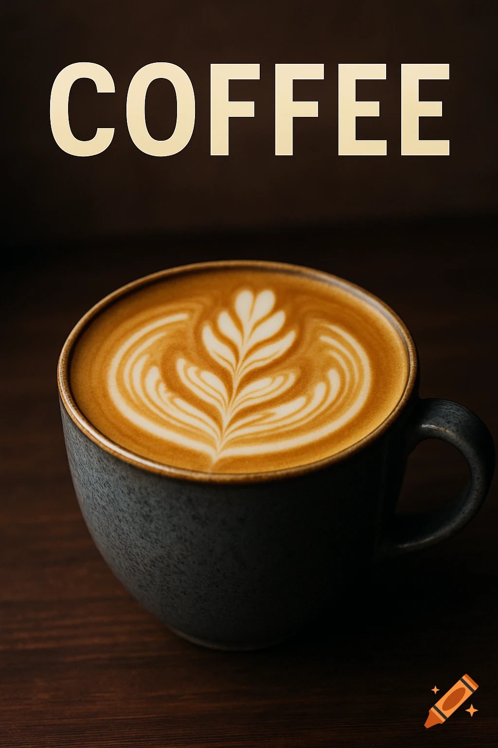 Close up of a cup of coffee with latte art and the word COFFEE above it.