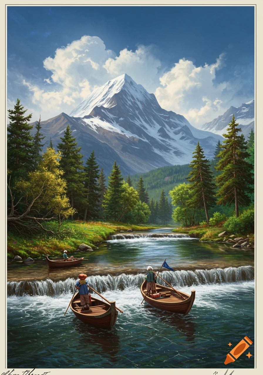 Scenic painting of people boating on a river flowing from snow-capped mountains through a forest