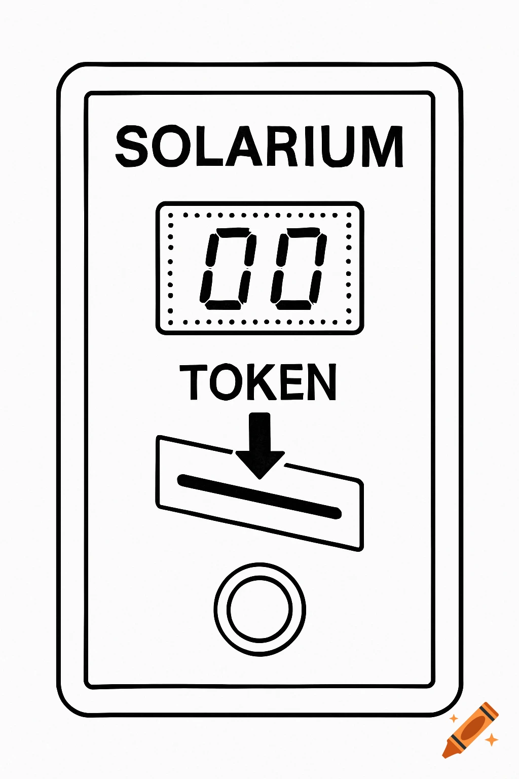 Black and white line drawing of a solarium token acceptor schematic with text and a digital display showing 00.