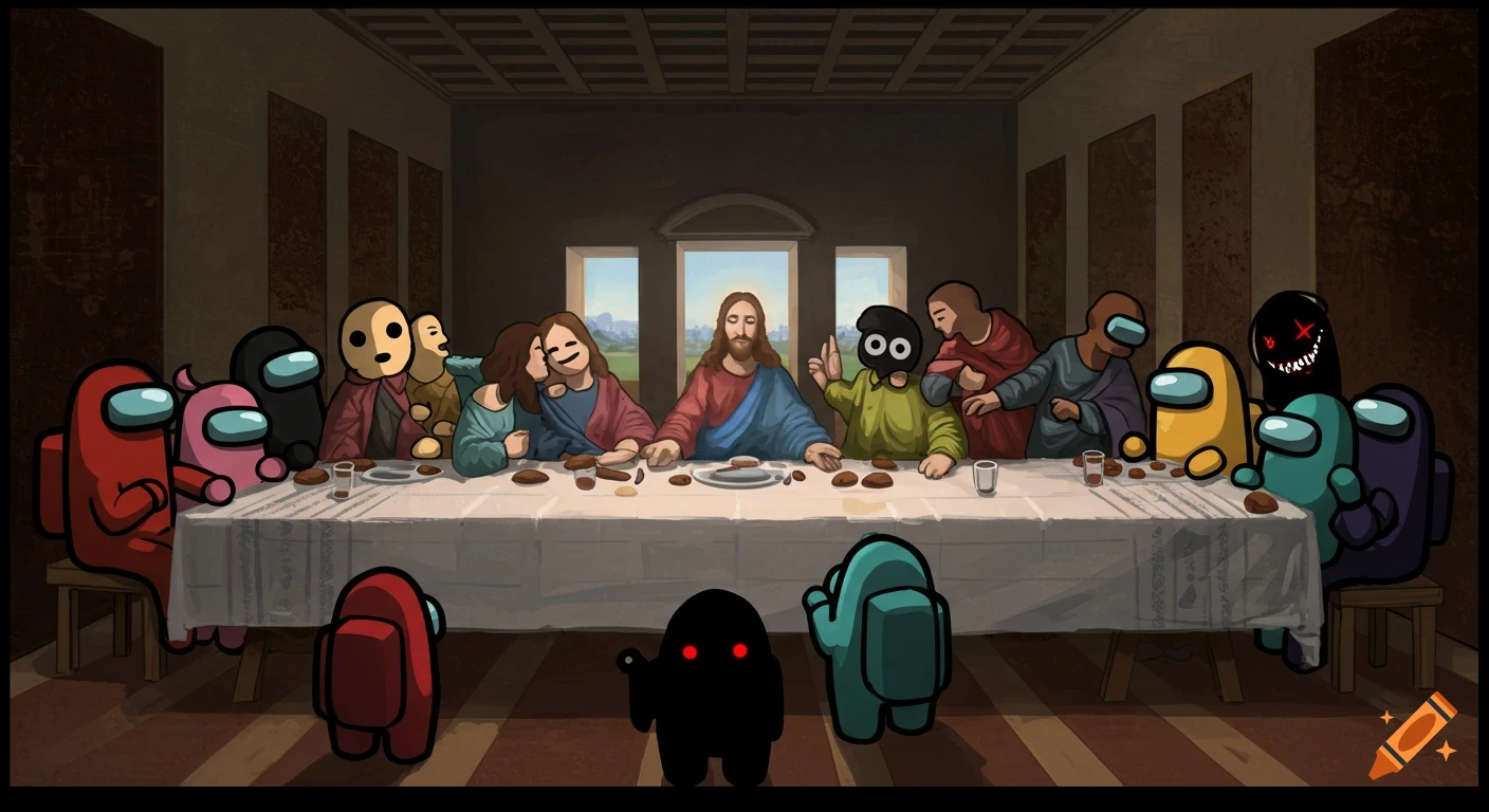 Among Us characters and figures in a parody of the Last Supper painting