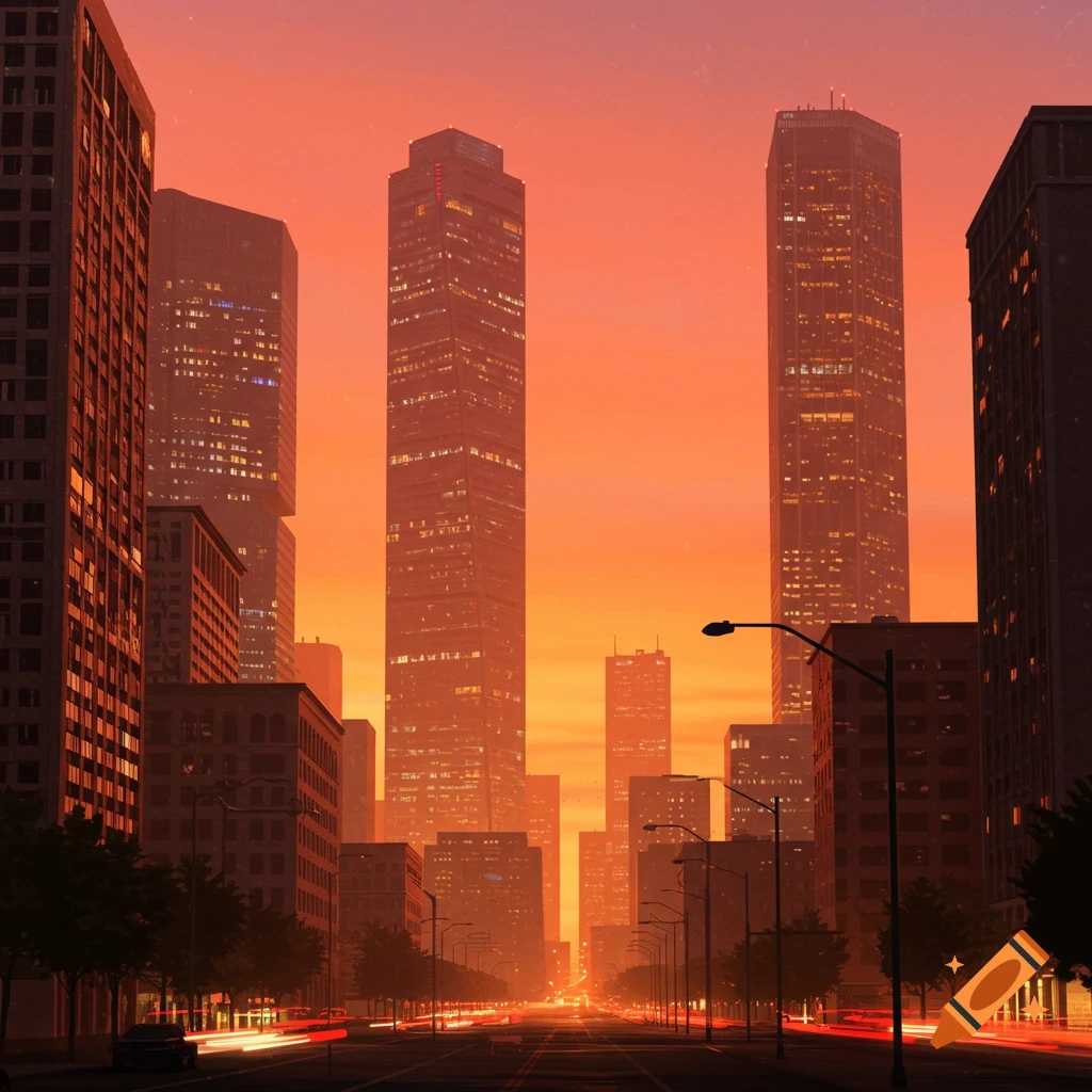 City street lined with skyscrapers at sunset with car light trails.