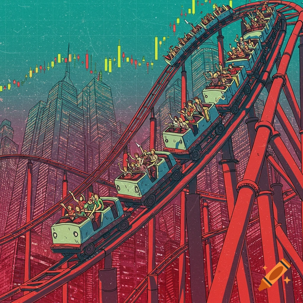 Illustration of a rollercoaster going up a track filled with people, overlaid with a stock market chart and city skyscrapers.