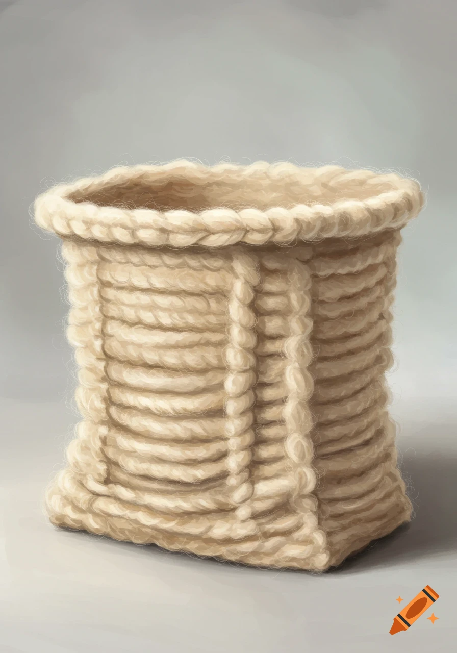 A still life painting of a woven rope or yarn basket.