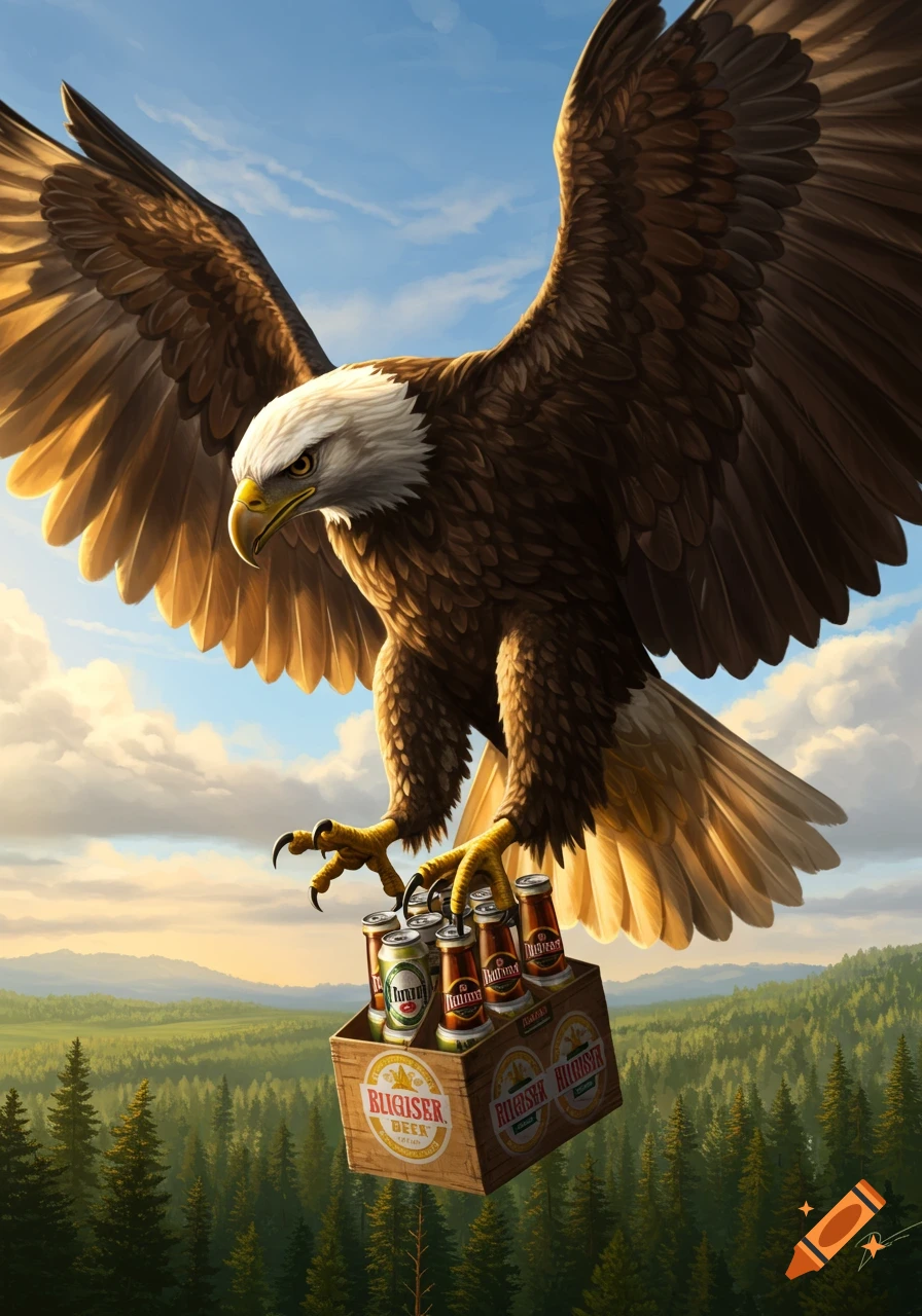A majestic eagle soars through the sky carrying a wooden crate filled with beer cans and bottles over a lush green forest.
