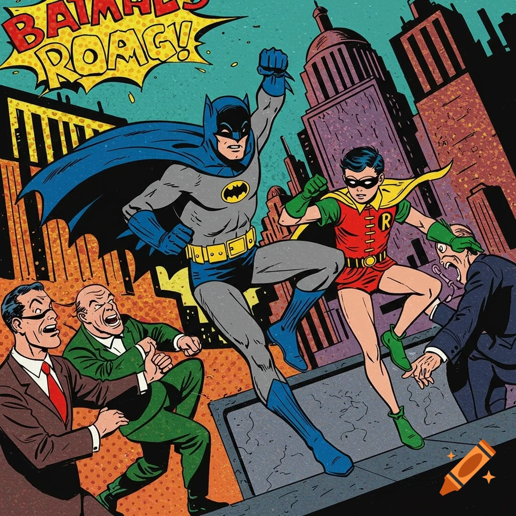 Classic comic book illustration of Batman and Robin fighting villains on a rooftop.